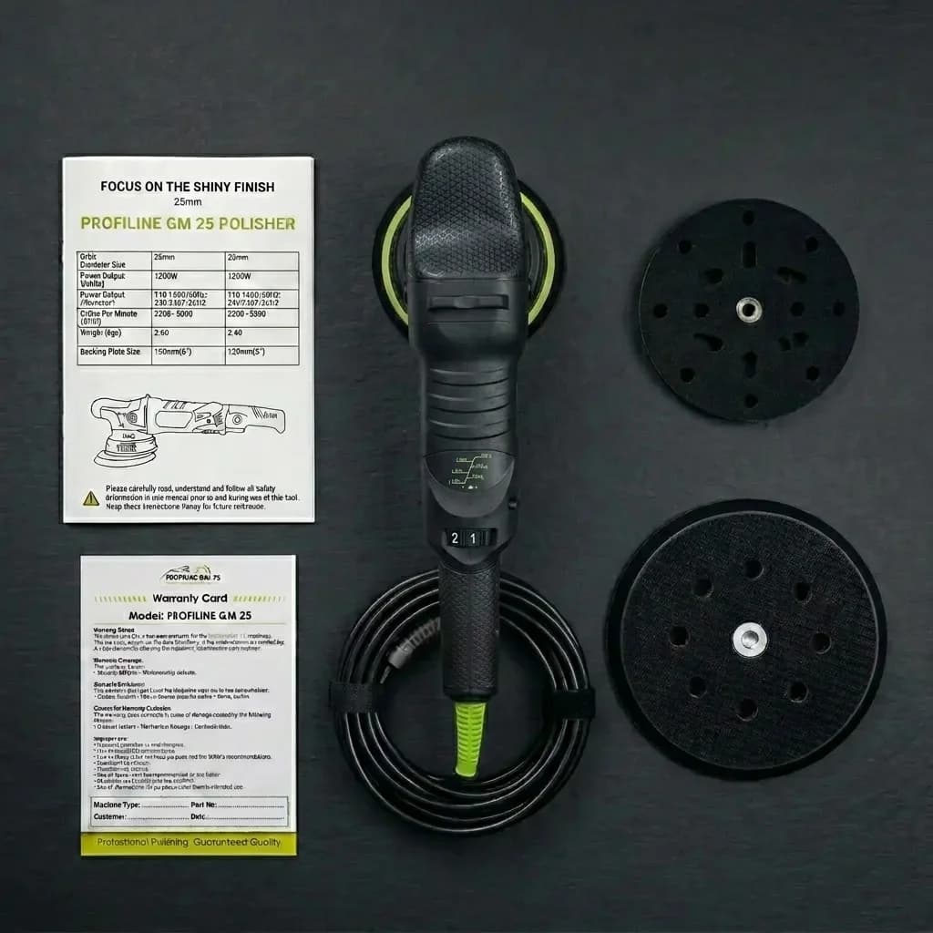 Profiline GM25 complete kit flat lay — polisher, pads, manual